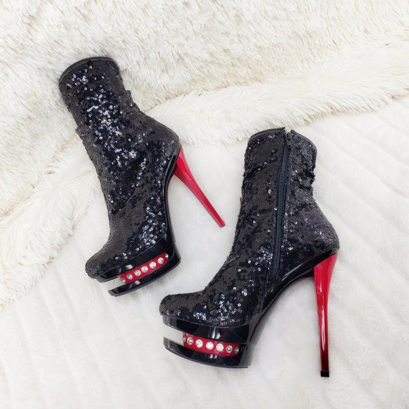 Pleaser Sexy Black Sequin Red High Heel Slouch Ankle Boots Blondie 1009 - Picture 13 of 15